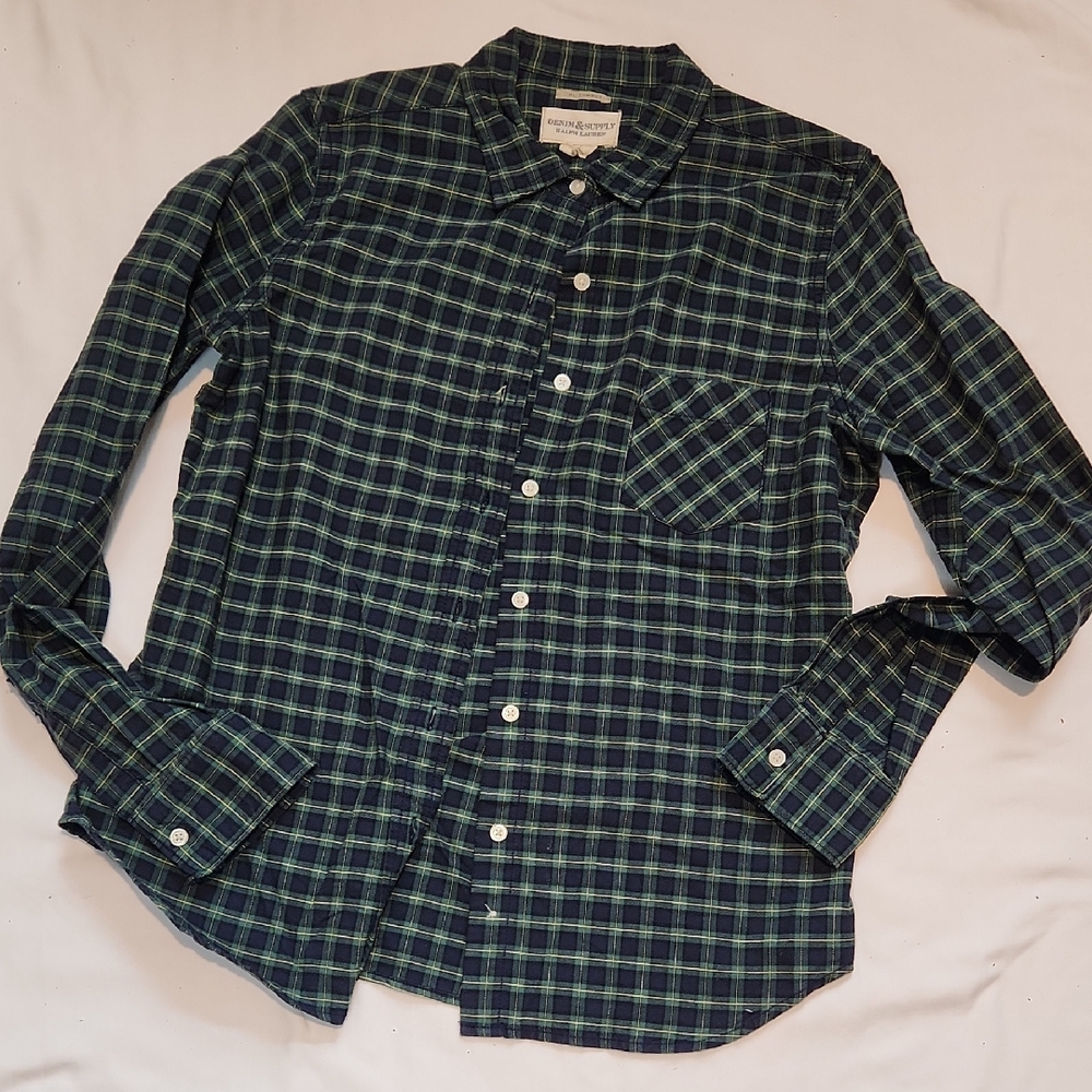 Ralph Lauren 💯% Cotton Green and Navy Plaid Button-Down Shirt SzM